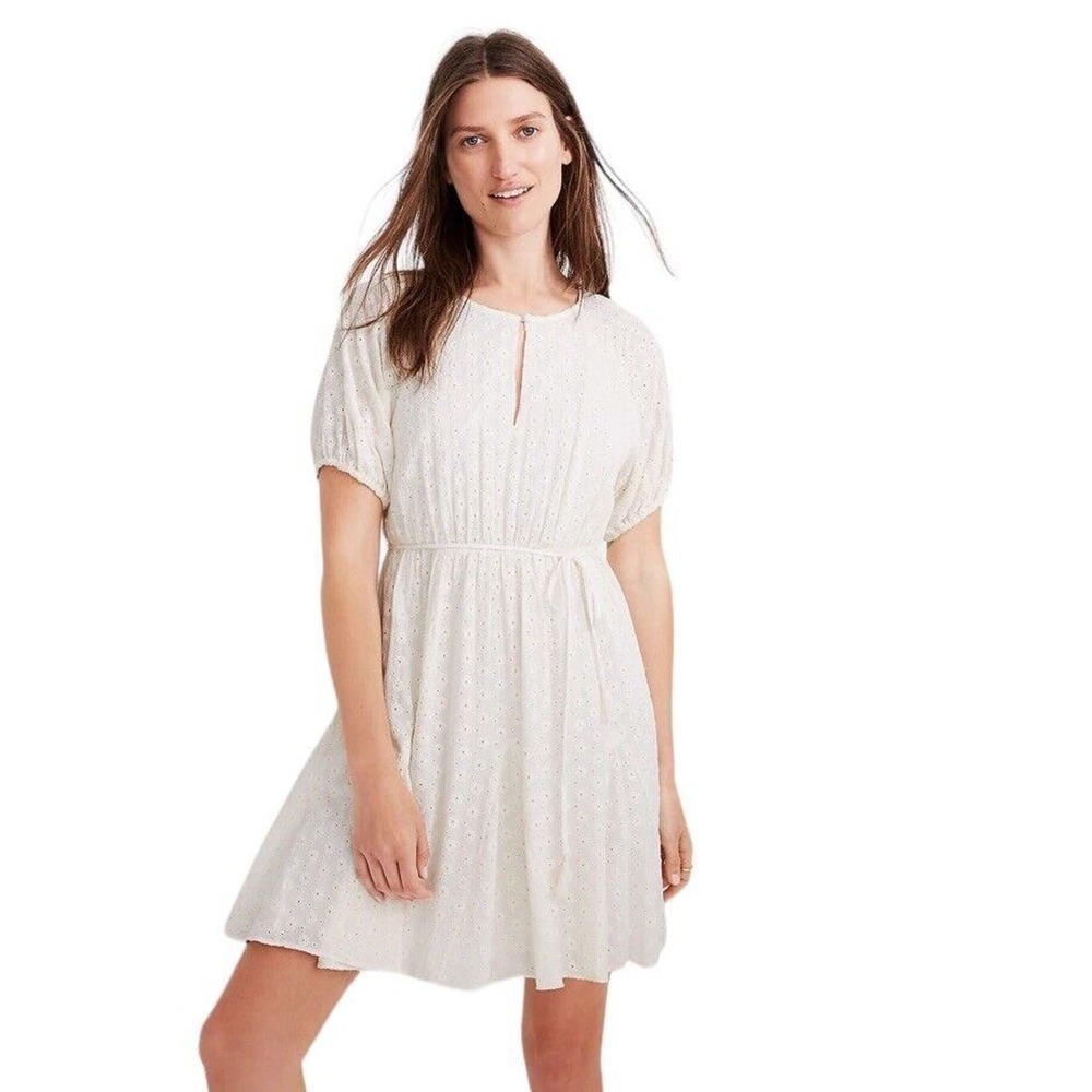 Madewell Eyelet Tassel Tie Midi Dress Floral‎ Embroidered Off White Cream Size 6